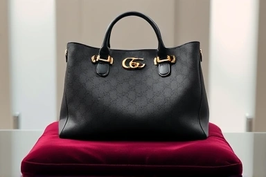 Luxurious Gucci Horsebit 1955 handbag on velvet cushion.