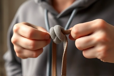 Creative hoodie string knot tying close-up