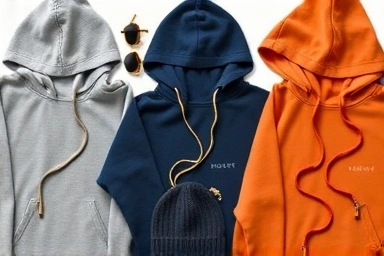 Fashion flat lay of hoodie strings and accessories