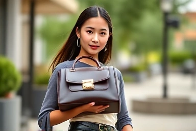 Stylish woman with Jacquemus mini bag outdoors