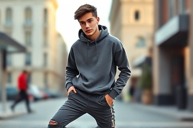 Stylish person in jogger pants and sweatshirt