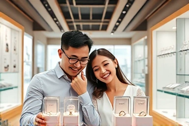 Couple choosing wedding rings in Jongno jewelry store