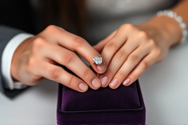 Close-up of elegant wedding ring on velvet cushion