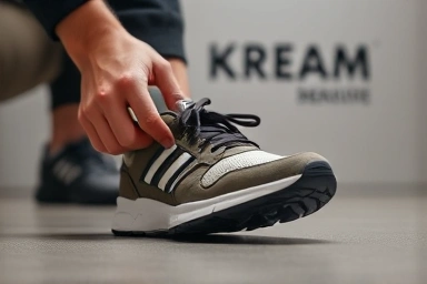 Hands inspecting a sneaker for KREAM trading