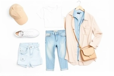 Stylish spring and summer outfit with light-wash jeans, flat lay.