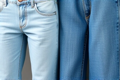 Close-up of slim-fit and wide-leg light-wash jeans.