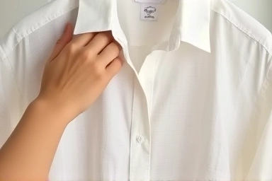 Hands smoothing wrinkle on linen shirt with steam.