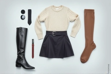Flat lay of long boots, skirt, and sweater for a stylish outfit.