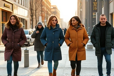 People wearing stylish long puffer jackets in a snowy city.