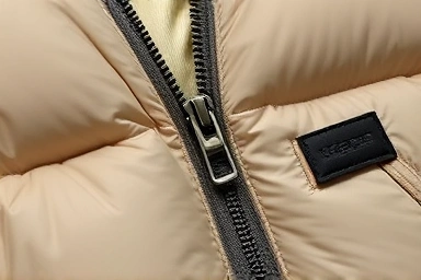 Close-up of puffer jacket materials and details: down, zipper, fabric.