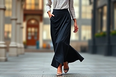 Woman wearing a flattering long skirt with a slim silhouette