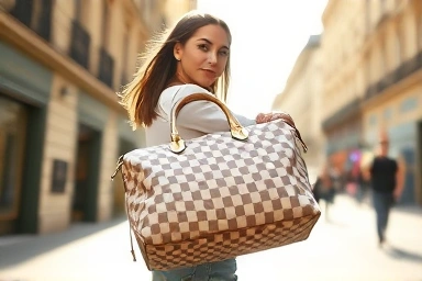 Woman with Louis Vuitton Damier Azur Speedy bag on Paris street.