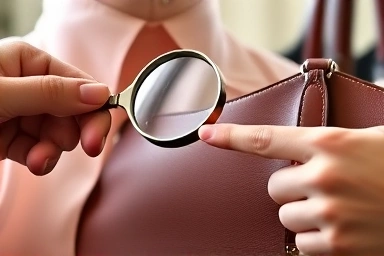 Hand inspecting luxury handbag for value and authenticity