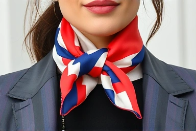 Woman wearing a chic designer scarf, elegant necktie knot