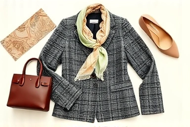 Maje tweed jacket flat lay with accessories