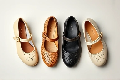 Artistic flat lay of four diverse Mary Jane shoe styles.