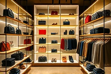 Luxury fashion items on a retail display shelf.