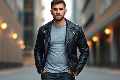 Man wearing a black leather biker jacket in urban setting.