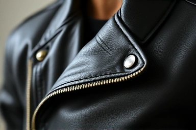 Close-up of textured leather biker jacket details.
