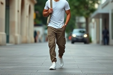 Man wearing stylish cargo pants and t-shirt on city street.
