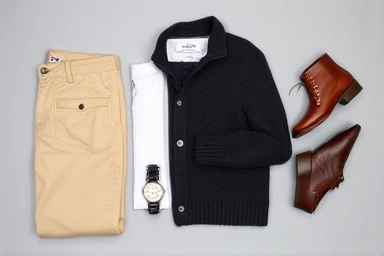 Flat lay of men's cargo pants and outfit accessories.
