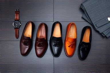 Men's loafers in various styles and price points, flat lay.