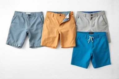 Assortment of stylish men's summer shorts in various fabrics.