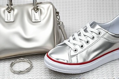 Trendy metallic silver fashion accessories: bag, sneakers, jewelry.