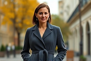 Woman wearing a minimalist wool coat, elegant autumn fashion.