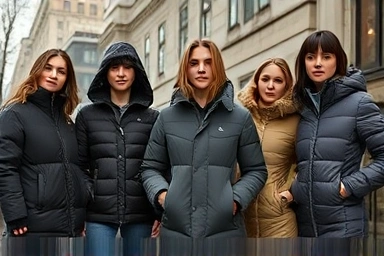 Stylish adults wearing Moncler down jackets in a modern city.