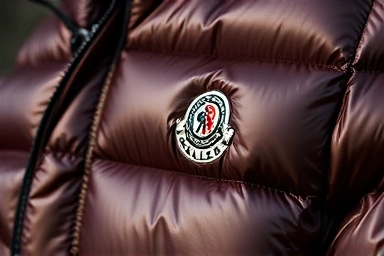 Close-up of Moncler down jacket craftsmanship and premium materials.