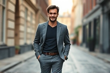 Man in stylish tonal outfit walking on urban street