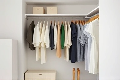 Minimalist Muji wardrobe with natural fabric clothing.