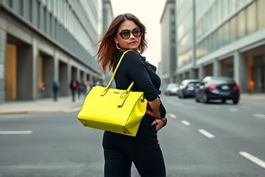 Woman with neon handbag in minimalist outfit