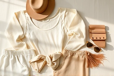 Beige and ivory minimalist fashion flat lay