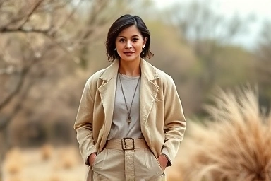 Person in layered beige and ivory outfit outdoors
