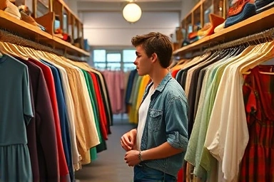 Young adult discovering unique vintage clothing in a curated boutique.