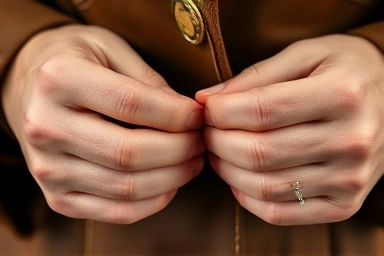 Close-up of hands examining quality stitching on vintage garment.