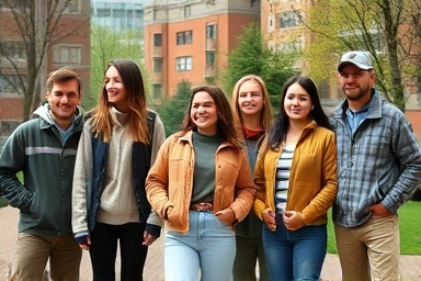 Stylish people wearing outdoor clothes in an urban park.