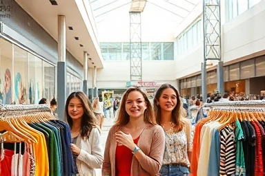 Shoppers happily browsing stylish clothing at a bright outlet mall.