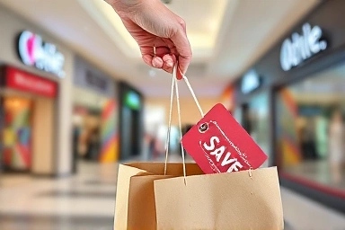 Hand holding a discount shopping bag at an outlet mall.
