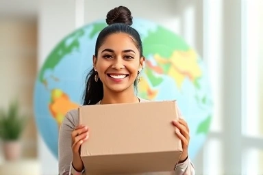 Happy person receiving international package, successful overseas shopping.