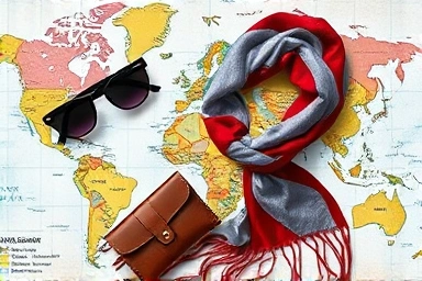 Fashion accessories laid out on a world map