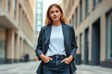 Woman wearing oversized blazer with jeans, urban street style.