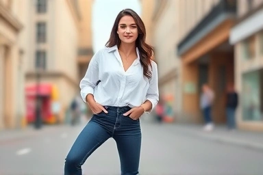 Woman wearing oversized white shirt and jeans, casual fashion