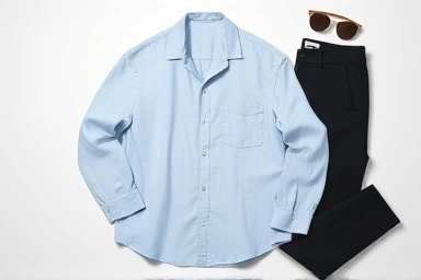 Oversized shirt flat lay with trousers and accessories