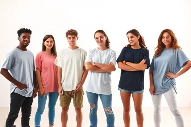 People wearing stylish oversized t-shirts in a studio setting.