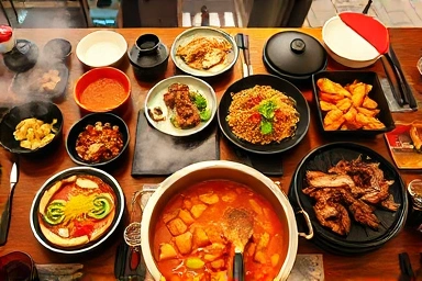 Traditional Korean food spread at a rustic table.