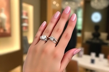 Hand stacking Pandora rings, demonstrating stylish and personalized jewelry layering.