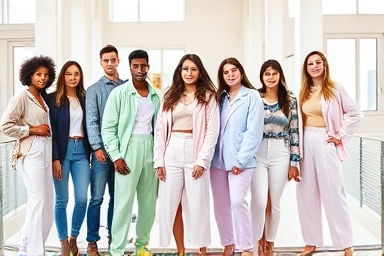 Stylish MZ generation wearing sophisticated pastel outfits outdoors.